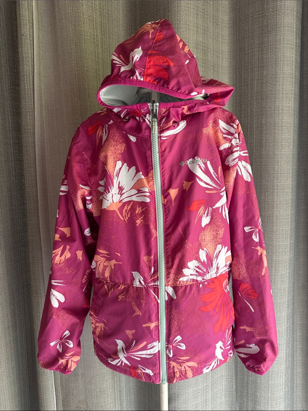 Columbia Girls' Magenta Floral Hooded Rain Jacket